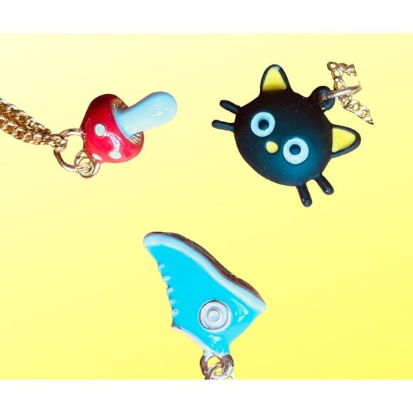 Whimsy Necklace:  Gold Plated Mini Mushroom, Blue Sneaker, Black Kitty.  Unique! - Picture 3 of 16